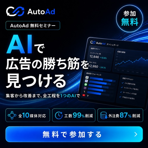 AutoAdのバナー広告。「AIで広告の勝ち筋を見つける」の見出しと、管理画面のダッシュボードを組み合わせた構成