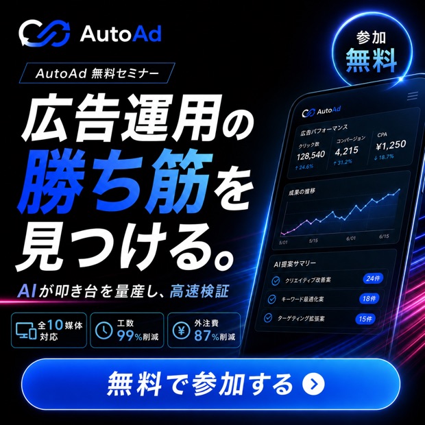 AutoAdのバナー広告。「広告運用の勝ち筋を見つける。」の見出しと、スマートフォンの管理画面を組み合わせた構成