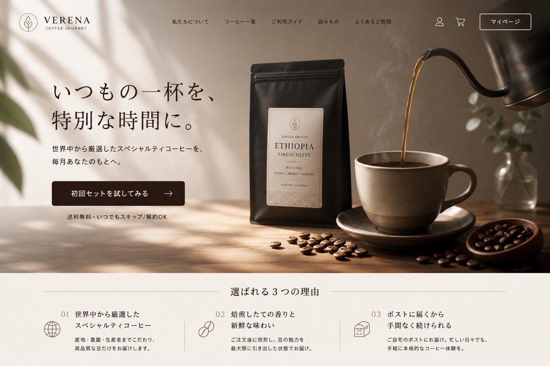 コーヒーサブスクのLP。ドリップコーヒーの写真を大きく敷き、「いつもの一杯を、特別な時間に。」の見出しと選ばれる3つの理由を並べた構成