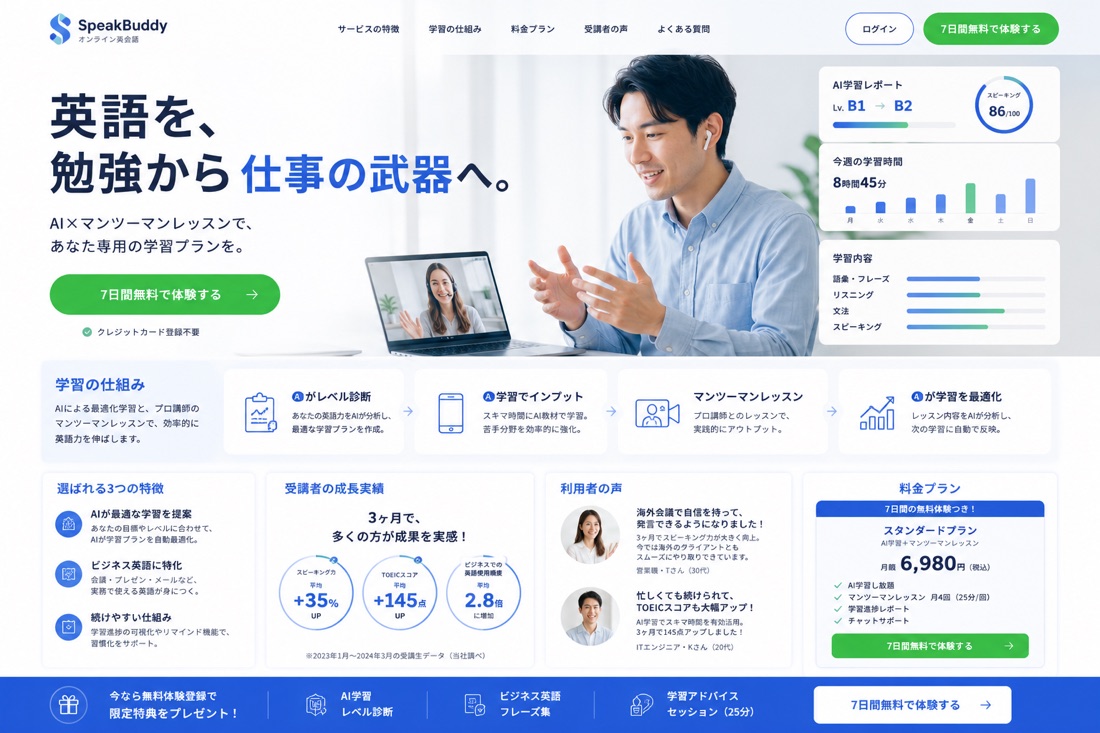 オンライン英会話のLP。AI学習レポート画面とレッスン中の写真を組み合わせ、「英語を、勉強から仕事の武器へ。」の見出しと料金プランを載せた構成