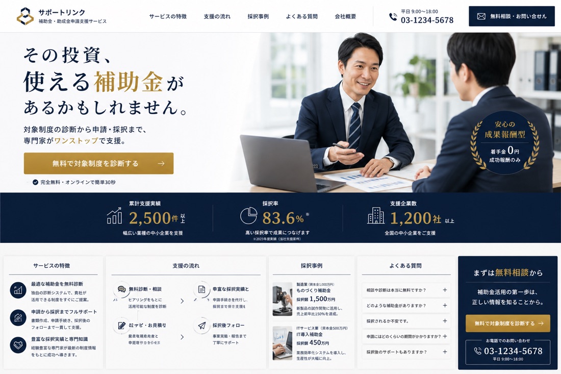 補助金申請支援のLP。相談中の写真に「その投資、使える補助金があるかもしれません。」の見出しと支援実績の数値3項目を載せた構成
